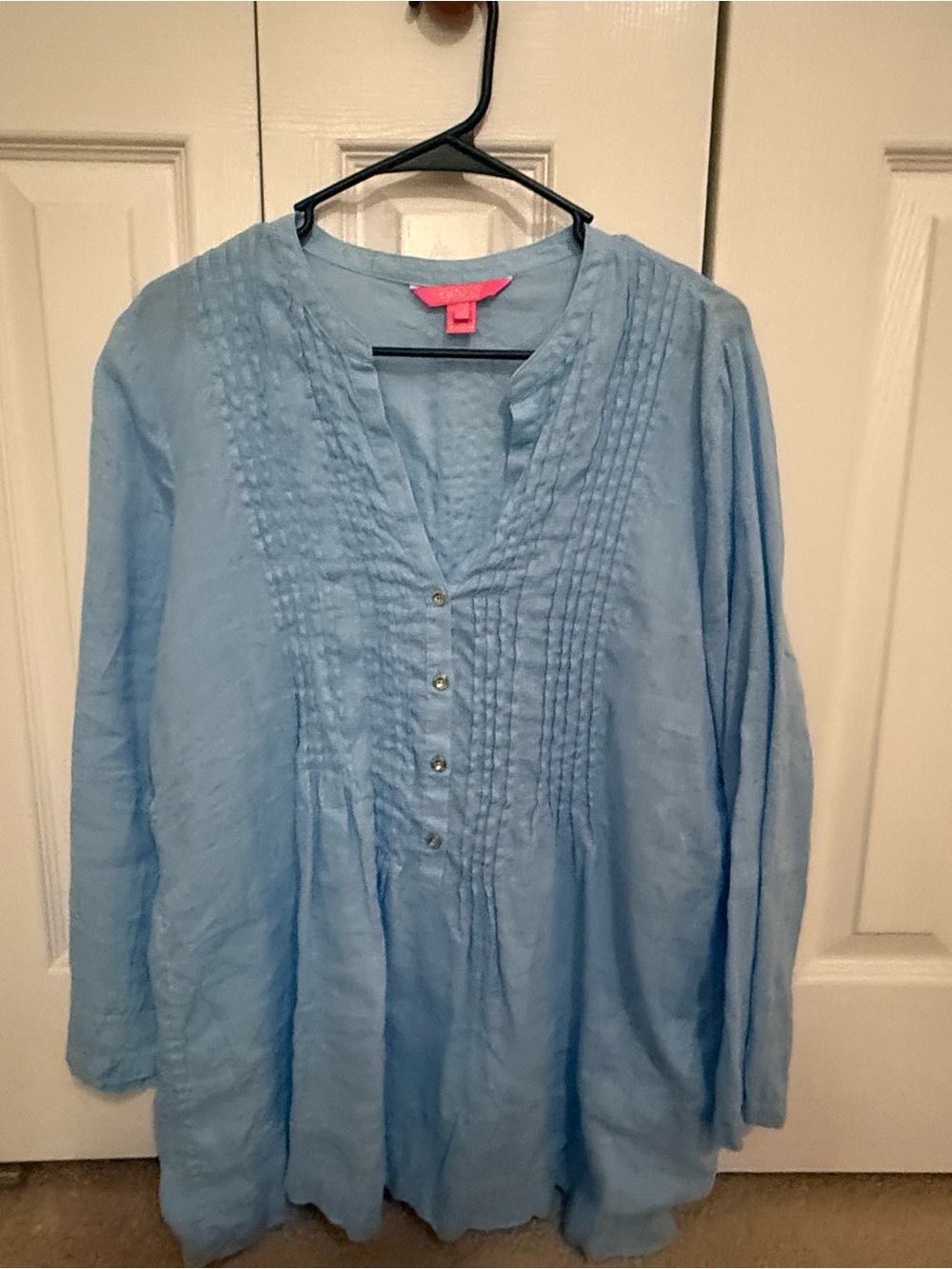 Lilly Pulitzer Light Blue Pintuck V-Neck Button Tunic